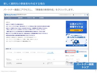 © Money Forward Inc. All Rights Reserved
パートナー画面にアクセスし、「事業者の新規作成」をクリックします。
新しく顧問先の事業者を作成する場合
5
パートナー画面
トップ
 