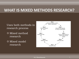 Uses both methods in
research process
 Mixed method
research
 Mixed model
research
Pt 12 Mixed Research 7
 