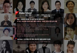 01
Make Mood
영향력있는 Celeb을활용하여그들을동경하는다양한유저의관심을끌어내며
그들의이야기와함께셀럽이음악을큐레이션해주는 콘텐츠로진행한다.
KeyPoint ­신규방문고객 확보,효과적인셀럽을통한이슈화
셀럽의스테이션을청취 후간단한후기를남기면 추첨을통해경품지급
이벤트응모를통한삼성어카운트가입증대효과
각직군,전공별로명성이높은셀럽스테이션­유명인동경/모방심리이용
대중을상대로 단순히스타/장르별구분을지은세션을넘어선
스포츠선수,국내외연예인,사회적으로존경받는대상으로
그들의작품과작업또는기술에영감을 주었던음악과 현재작업시자주듣는음악을
그들의이야기와함께 고객에게큐레이션플레이리스트제공한다.
또한잡지의성격에맞는카피를작성하여잡지별지면광고게재예정
<가제:허지웅의버티는삶에관하여>
Idea­그들에게영감을주는음악밀크와함께듣자!
[프로세스]
플레이리스트청취à청취완료시팝업을통한 간단코멘트후기작성
à이벤트응모à추첨을통한경품제공
 