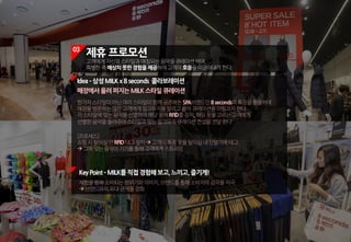 03
제휴 프로모션
고객에게자신의스타일과매칭되는음악을큐레이션하여,
특별한즉예상치못한경험을제공하여고객의호응을이끌어내려한다.
KeyPoint ­MILK를직접경험해보고,느끼고,즐기게!
체험을통해소비되는분위기와이미지,브랜드를통해소비자의감각을자극
à브랜드와의유대관계를강화
매장에서울려퍼지는MILK스타일큐레이션
한가지스타일이아닌여러스타일이함께공존하는SPA브랜드인8seconds의특징을활용하여
매장을방문하는많은고객에게밀크뮤직을알리고음악큐레이션을어필코자한다
각스타일에맞는음악을선별하여해당옷에RFID를장착,해당옷을고르는고객에게
선별한음악을들려주어스타일과맞는밀크뮤직큐레이션컨셉을전달한다
Idea­삼성MILK x8seconds 콜라보레이션
[프로세스]
쇼핑시탈의실안RFID태그설치à고객이특정옷을탈의실내단말기에태그
à그에맞는음악이기기를통해고객에게스트리밍
 