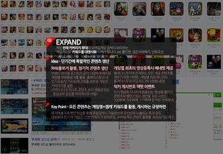 02
EXPAND
게임전체커버리지확대와모바일게임검색시뒤따르는
‘게임캐스트’키워드를대명사화시켜야합니다.ex)롤인벤,검은사막메카,던파조선
KeyPoint - 모든콘텐츠는‘게임명+겜캐’ 키워드를활용,게시하는규정마련
유저에게지속적인학습를통해포털검색시자동완성에우선순위노출되는효과유도
대부분의인기PC게임은‘인벤’키워드가뒤따르듯,모바일게임콘텐츠플랫폼 최초상기도제고
파워블로거활용,정기적콘텐츠생산
브랜드바이럴포스팅과같이다양하게배치된
게임별파워블로거를활용,플레이스토어내
인기유료/인기무료/최고매출순위권게임의
커버리지를넓힘
<커뮤니티의텍스트콘텐츠보다생동감있는
영상공략장점을적극적으로어필>
게임별최초의영상등록시베네핏제공
플레이스토어에존재하는모든게임콘텐츠를
채우기위한이벤트.게임별최초게시자는
플레이스토어리딤코드(약3천원)증정
럭키게시번호잭팟이벤트
인기게임에지나치게편중되는현상을줄이고
콘텐츠의밸런스있는생산을위한이벤트
100회째,500회째,777회째등히든번호부여
Idea­단기간에폭발적인콘텐츠생산
 