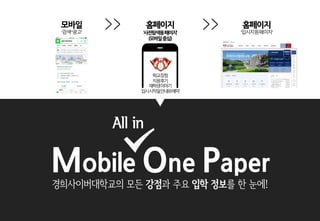 모바일
‘검색’‘광고’
홈페이지
‘입시지원페이지’
홈페이지
‘사전탐색용페이지’
(모바일중심)
학교장점
지원후기
재학생이야기
입시시작일안내와예약
>> >>
Mobile One Paper
All in
경희사이버대학교의 모든 강점과 주요 입학 정보를 한 눈에!
 