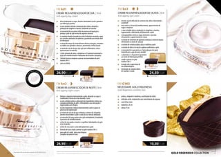 FM kd1
CREME REJUVENESCEDOR DE DIA | 50 ml
Anti-ageing day cream
„„ alisa visivelmente as rugas, devolve elasticidade à pele e garante a
sua hidratação perfeita
„„ o ouro coloidal estimula a renovação das células, ativando a
produção de colagénio e elastina, reduzindo as manchas
„„ o resveratrol de uvas pretas influi no processo de reparação e
protege a pele da ação nociva dos agentes externos
„„ o complexo bioativo baseado em ácido hialurónico acumula a água
nas camadas profundas da epiderme, garantindo um elevado nível
de hidratação
„„ o extrato de tronco da árvore africana alivia as irritações, normaliza
o trabalho das glândulas sebáceas, prevenindo o brilho da pele
„„ o extrato de raiz de alcaçuz tem ação anti-inflamatória, evita o
aparecimento de manchas
„„ o beta-glucano de aveia, a alantoína e o D-pantenol aumentam a
ação anti-envelhecimento e hidratante dos restantes compostos
„„ fórmula luxuosa composta a pensar nas necessidades da pele
madura (40+)
„„ para uso diário
FM kn2
CREME REJUVENESCEDOR DE NOITE | 50ml
Anti-ageing night cream
„„ hidrata e regenera intensamente a pele, alisando as rugas e
modelando a forma do rosto durante o sono
„„ o ouro coloidal acelera a absorção dos ingredientes ativos nas
camadas profundas da pele, estimulando a sua renovação e
regenerando com eficácia
„„ o ácido hialurónico hidrata intensamente a pele e ajuda no
processo de regeneração
„„ o extrato de raiz de alcaçuz estimula a síntese do colagénio,
devolve elasticidade à pele e cuida da sua tensão adequada
„„ o reservatrol de uvas pretas tem ação antioxidante, retardando
o processo de envelhecimento
„„ o óleo de rosa ajuda a manter o equilíbrio hidrolipídico da pele
e dá-lhe brilho
„„ o óleo de coco nutre e unta delicadamente a pele
„„ fórmula de luxo criada a pensar na pele madura (40+)
„„ para aplicar à noite, após uma limpeza
completa da pele do rosto
FM ko3
CREME REJUVENESCEDOR DE OLHOS | 20 ml
Anti-ageing eye cream
„„ devolve à pele delicada do contorno dos olhos elasticidade e
suavidade
„„ luta contra os sinais de envelhecimento, aparecimento de
rugas e manchas
„„ o ouro coloidal ativa a produção de colagénio e elastina,
regenerando e hidratando perfeitamente a pele
„„ o hexapeptídeo nivela as rugas existentes e previne
eficazmente o aparecimento de novas
„„ o extrato de sementes de guaraná estimula a microcirculação,
eliminando os sinais de cansaço
„„ o extrato de centela asiática alisa e reafirma a pele
„„ o extrato de kiwi e de raiz de sophora uniformiza a pele
„„ o resveratrol de uvas pretas e o beta-glucano de aveia
intensificam a ação do ouro coloidal
„„ a alantoína e o D-pantenol garantem
um nível de hidratação perfeito
„„ criado a pensar na pele
madura (40+)
„„ testado sob a supervisão de
um oftalmologista
„„ destinado ao cuidado diário
de manhã e à noite
FM G163
NÉCESSAIRE GOLD REGENESIS
Gold Regenesis cosmetic box
„„ prática, elegante e moderna, acolchoada dos lados
„„ delicado cetim, endurecido com revestimento de espuma
„„ com fecho éclair
„„ diâmetro: 20 cm
„„ altura: 9 cm
Gold Regenesis collection
538,00 EUR/1 l
26,90 EUR
538,00 EUR/1 l
26,90 EUR
1125,00 EUR/1 l
24,50 EUR
10,00 EUR
Pode escolher o cosmético adequado graças as amostras.
Comum
a
prática
e
spátula
54 55
Os produtos FM são produtos originais do FM GROUP World.
 
