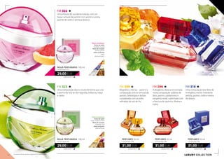 FM 318
Uma composição leve feita de
energética menta, inebriante
peónia, jasmim, cedro e resina
de ládano.
620,00 EUR/1 l
31,00 EUR
perfumes 50 ml
concentração 20%
FM 296
A elegância clássica encontrada
numa composição sublime de
lírios, jasmim, cardamomo e
tangerina verde, sublinhada com
a frescura de opúncia, oliveira e
cedro.
620,00 EUR/1 l
31,00 EUR
perfumes 50 ml
concentração 20%
FM 359
Magnética, intensa - assim é a
composição única e sensual de
jasmim, heliotrópio e âmbar,
completada com acordes
refinados de raiz de íris.
620,00 EUR/1 l
31,00 EUR
perfumes 50 ml
concentração 20%
FM 322
Uma mistura de suculenta toranja, com um
toque sensual de jasmim com jacinto e aroma
quente de cedro e almíscar branco.
290,00 EUR/1 l
29,00 EUR
ÁGUA PERFUMADA 100 ml
concentração 16%
FM 323
Uma composição doce e muito feminina que une
o aroma da rosa ao da magnólia, melancia, maçã
e cedro.
290,00 EUR/1 l
29,00 EUR
ÁGUA PERFUMADA 100 ml
concentração 16%
Notas aromáticas:
Notas de saída:
maçã, melancia, lichia
Notas de coração:
magnólia, rosa
Notas de fundo:
cedro, almíscar
Notas aromáticas:
Notas de saída:
marmelo, toranja
Notas de coração:
jasmim, jacinto
Notas de fundo:
cedro,
almíscar branco
LUXURY collection14 15
Os produtos FM são produtos originais do FM GROUP World.
 
