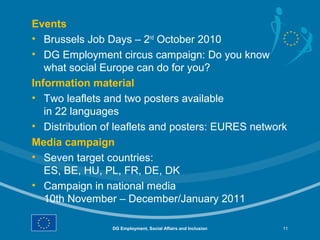 Events
• Brussels Job Days – 2nd October 2010
• DG Employment circus campaign: Do you know
   what social Europe can do for you?
Information material
• Two leaflets and two posters available
   in 22 languages
• Distribution of leaflets and posters: EURES network
Media campaign
• Seven target countries:
   ES, BE, HU, PL, FR, DE, DK
• Campaign in national media
   10th November – December/January 2011

                DG Employment, Social Affairs and Inclusion   11
 