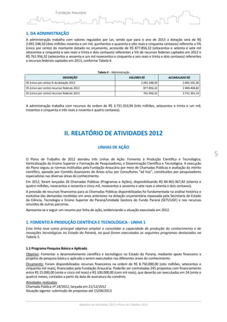 5
1. DA ADMINISTRAÇÃO 
A  administração  trabalha  com  valores  regulados  por  Lei,  sendo  que  para  o  ano  de  2013  a  dotação  será  de  R$ 
2.091.548,50 (dois milhões noventa e um mil, quinhentos e quarenta e oito reais e cinquenta centavos) referente a 5% 
(cinco por cento) do montante dotado no orçamento, acrescido de R$ 877.856,32 (oitocentos e setenta e sete mil 
oitocentos e cinquenta e seis reais e trinta e dois centavos) referentes a 5% de recursos federais captados em 2012 e 
R$ 761.956,32 (setecentos e sessenta e um mil novecentos e cinquenta e seis reais e trinta e dois centavos) referentes 
a recursos federais captados em 2013, conforme Tabela 4. 
 
Tabela 4 – Administração 
DESCRIÇÃO  VALORES R$ ACUMULADO R$
05 (cinco por cento) % da dotação 2013  2.091.548,50 2.091.541,30
05 (cinco por cento) recursos federais 2012  877.856,32 2.969.404,82
05 (cinco por cento) recursos federais 2013  761.956,32 3.731.361,14
 
A administração trabalha com recursos da ordem de R$ 3.731.353,94 (três milhões, setecentos e trinta e um mil, 
trezentos e cinquenta e três reais e noventa e quatro centavos). 
 
 
II. RELATÓRIO DE ATIVIDADES 2012 
 
LINHAS DE AÇÃO 
 
O  Plano  de  Trabalho  de  2012  atendeu  três  Linhas  de  Ação:  Fomento  à  Produção  Científica  e  Tecnológica; 
Verticalização do Ensino Superior e Formação de Pesquisadores; e Disseminação Científica e Tecnológica. A execução 
do Plano seguiu as normas instituídas pela Fundação Araucária por meio de Chamadas Públicas e avaliação do mérito 
científico, apoiada por Comitês Assessores de Áreas e/ou por Consultores “ad hoc”, constituídos por pesquisadores 
especialistas nas diversas áreas do conhecimento. 
Em 2012, foram lançadas 26 Chamadas Públicas (Programas e Ações), disponibilizando R$ 84.965.967,82 (oitenta e 
quatro milhões, novecentos e sessenta e cinco mil, novecentos e sessenta e sete reais e oitenta e dois centavos).  
A previsão de recursos financeiros para as Chamadas Públicas disponibilizadas foi fundamentada na análise histórica e 
evolutiva das demandas recebidas em anos anteriores na dotação orçamentária repassada pela Secretaria de Estado 
da Ciência, Tecnologia e Ensino Superior do Paraná/Unidade Gestora do Fundo Paraná (SETI/UGF) e nos recursos 
oriundos de outras parcerias.  
Apresenta‐se a seguir um resumo por linha de ação, evidenciando a situação executada em 2012. 
 
1. FOMENTO À PRODUÇÃO CIENTÍFICA E TECNOLÓGICA ‐ LINHA 1 
Esta linha teve como principal objetivo ampliar e consolidar a capacidade de produção do conhecimento e de 
inovações tecnológicas no Estado do Paraná, na qual foram executados os seguintes programas destacados na 
Tabela 5. 
 
1.1 Programa Pesquisa Básica e Aplicada 
Objetivo: Fomentar o desenvolvimento científico e tecnológico no Estado do Paraná, mediante apoio financeiro a 
projetos de pesquisa básica e aplicada a serem executados nas diferentes áreas do conhecimento. 
Orçamento: Foram disponibilizados recursos financeiros na ordem de R$ 8.750.000,00 (oito milhões, setecentos e 
cinquenta mil reais), financiados pela Fundação Araucária. Poderão ser contratadas 245 propostas com financiamento 
entre R$ 25.000,00 (vinte e cinco mil reais) e R$ 100.000,00 (cem mil reais), que deverão ser executadas em 24 (vinte e 
quatro) meses, contados a partir da data de assinatura do convênio. 
Atividades realizadas: 
Chamada Pública nº 24/2012, lançada em 21/12/2012 
Situação vigente: submissão de propostas até 15/04/2013 
 
 