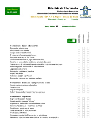 Observação referente ao trimestre
Aulas Dadas Aulas Assistidas
Competências Sociais e Emocionais
Demonstra auto-controle
Adapta-se à rotina escolar
Adapta-se a novas situações
É responsável pelos seus pertences
Respeita os pertences dos outros
Arruma os materiais e os jogos depois de usar
Resolve os seus próprios problemas a maioria das vezes
Trabalha com os companheiros nas actividades organizadas e nos jogos
Gosta de jogar e brincar com os companheiros
Joga cooperativamente
Demonstra iniciativa no jogo livre
Espera a sua vez
Relaciona-se com o professor
Demonstra interesse nos aspectos criativos
Competências de atenção e comportamento na sala
Concentra-se durante as actividades
Sabe escutar
Segue instruções
Sabe ir à casa de banho sozinho e lava as mãos
Competências linguísticas
Expressa ideias com clareza
Repete e utiliza palavras "díficeis"
Expressa-se com clareza utilizando frases curtas
Participa nas canções e reconhece as rimas
Participa em conversas de grupo
Sabe falar sobre as suas produções
Gosta de ouvir histórias
Consegue recontar histórias, contos ou actividades
Demonstra capacidade de observação e de predição (antecipação)
necessitaatençãoe
trabalhoespecífico
evidenciaprogresso
demonstracompetências
adquiridas
Relatório de InformaçãoData do Relatório
00.00.0000
Sala Amarela - EB1 + JI S. Miguel - Enxara do Bispo
Idade
49
Ministério da Educação
Agrupamento de Escolas Professor Armando Lucena - Malveira
 