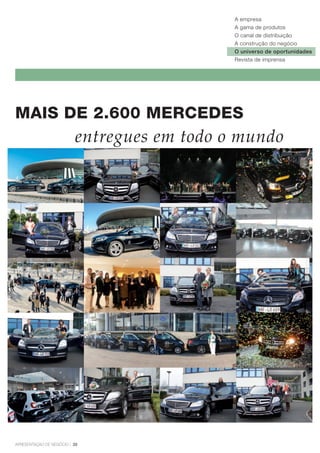 A empresa
A gama de produtos
O canal de distribuição
A construção do negócio
O universo de oportunidades
Revista de imprensa
mais de 2.600 mercedes
Apresentação de negócio | 20
entregues em todo o mundo
 