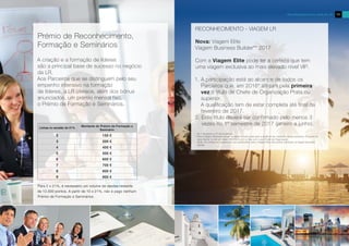 13Reconhecimento por parte da LR
Prémio de Reconhecimento,
Formação e Seminários
A criação e a formação de líderes
são a principal base de sucesso no negócio
da LR.
Aos Parceiros que se distinguem pelo seu
empenho intensivo na formação
de líderes, a LR oferece, além dos bónus
anunciados, um prémio mensal fixo,
o Prémio de Formação e Seminários.
Para 2 x 21%, é necessário um volume de vendas restante
de 12.000 pontos. A partir de 10 x 21%, não é pago nenhum
Prémio de Formação e Seminários.
Linhas no escalão de 21%
Montante do Prémio de Formação e
Seminário
RECONHECIMENTO - VIAGEM LR
Nova: Viagem Elite
Viagem Business Builder** 2017
Com a Viagem Elite pode ter a certeza que tem
uma viagem exclusiva ao mais elevado nível VIP.
1. A participação está ao alcance de todos os
Parceiros que, em 2016* atinjam pela primeira
vez o título de Chefe de Organização Prata ou
superior.
A qualificação tem de estar completa até final de
fevereiro de 2017.
2. Este título deverá ser confirmado pelo menos 3
vezes no 1º semestre de 2017 (janeiro a junho).
* De 1 de janeiro a 31 de dezembro.
** Para a Viagem Business Builder qualquer Parceiro está apto a qualificar-se, mediante certos requisitos. Consulte na
área interna do site em www.LRWORLD.com ou fale com o seu Chefe de Organização.
Nota: Os Chefes de Organização que qualificarem para a Viagem Elite não podem participar na Viagem Business
Builder.
2
3
4
5
6
7
8
9
150 €
200 €
400 €
500 €
600 €
700 €
800 €
900 €
 