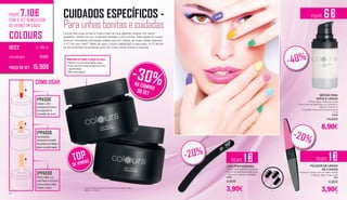 POUPE 7.10€
COM O SET REMOVEDOR
DE VERNIZ EM CAIXA
COLOURS
CUIDADOS ESPECÍFICOS -
Paraunhasbonitasecuidadas
Cuidar das suas unhas é muito mais do que apenas colocar um verniz
apelativo. Antes da cor, é preciso hidratar, nutrir e limar. Esta parte do corpo
está em constante renovação (sabia que em média, as suas unhas crescem
3.47 mm por mês?* Mais do que o couro cabeludo!) e para isso, a LR dá-lhe
as ferramentas necessárias para ter umas unhas fortes e naturais.
COMO USAR:
1ºPASSO
Coloque a unha
delicadamente dentro
do preparado do
removedor de verniz
2ºPASSO
Façapequenos
movimentosnosentido
dosponteirosdorelógioe
depoisnosentidooposto
3ºPASSO
Retire o dedo, e já
está! Repita o processo
com as outras unhas.
Simples e eficaz *Fonte: Instituto Nacional de Saúde dos Estados Unidos
PMID: 19744178
-30%-30%NA COMPRA
DO SET
REMOVEDOR DE VERNIZ DE UNHAS EM CAIXA
• Remove o verniz de forma rápida e eficaz
• O óleo natural de caroço de alperce tem uma 	
ação hidratante
• Não contém acetona
2 x 100 ml
PREÇO DO SET: 15,90€
10122
SOMA INDIVIDUAL: 23,00€
TOPTOP
DE VENDAS
POUPE 6€
SÉRUM PARA
MÃOS E UNHAS
• Para mãos macias ao toque
• Com óleo de grainhade uva, abacate e	
	 jojoba e vitamina E
• Cuidado suave para a pele sensível
15 ml
10303
14,90€
8,90€
-40%-40%
POUPE 1€
LIMA PROFISSIONAL
• Para unhas naturais e postiças
• Lima de aperfeiçoamento para
	 limar com rapidez e precisão
4526
4,90€
3,90€
POUPE 1€-20%-20%
POLIDOR DE UNHAS
DE 4 FACES
• Deixa as unhas com um brilho natural
• Raspar, alisar, limar e polir
823
4,90€
3,90€
-20%-20%
30 31
 