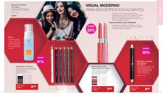 VISUAL MODERNO
PARA ENCONTROS ESCALDANTES
Com esta seleção de maquilhagem LR Colours
prometemos que vai fazer furor na estação mais quente.
O batom glossy salienta os seus lábios com cores
atrevidas e ao mesmo tempo oferece um brilho que não
vai deixar ninguém indiferente!
O lápis Kajal e o Delineador de Pálpebras LR Colours
vão deixar os seus olhos prontos para arrasar qualquer
coração! Simplesmente sedutora!
VISUAL DE VERÃO ATUAL E MODERNO!
Espuma de limpeza
LR Colours
A espuma abundante limpa a pele
suavemente e remove a maquilhagem.
10377 | 150 ml
8,50 €
DICA:
No verão, quando
o sol e o calor são
exigentes para a sua
pele, é importante
uma limpeza regular
do rosto.
DICA:
No verão, quando
o sol e o calor são
exigentes para a sua
pele, é importante
uma limpeza regular
do rosto.
Lápis Kajal LR Colours
• Coloração intensa, elevada pigmentação
• Aplicação fácil, mesmo na borda do olho
• Duração extralonga
• Ideal para contornos e orlas
10001-... | 1,1 g
01
02
03
04
05
06
10001-101 Soft Snow
10001- 2 Dark Coal
10001-104 Cold Blue
10001-105 Soft Ashes
10001- 6 Olive Green
10001-107 Dark Hazel
01 02 03 04 05 06
Todo o mês
10,00 € 	 5€90
Delineador clareador	
de pálpebras 		
LR Colours
• Com duas pontas para dia e noite
• Rosa luminoso para o dia
• Branco cintilante para a noite
• Olhar com efeito espetacular
• Aplicar diretamente por 		
	 baixo das sobrancelhas
10004 | 2 x 4,6 g
Delineador clareador	
de pálpebras 		
LR Colours
• Com duas pontas para dia e noite
• Rosa luminoso para o dia
• Branco cintilante para a noite
• Olhar com efeito espetacular
• Aplicar diretamente por 		
	 baixo das sobrancelhas
10004 | 2 x 4,6 g
Todo o mês
12,50 € 	 9€90
Batom glossy brilho		
transparente LR Colours
• Batom ou brilho? Eu quero ambos!
• Lábios delicadamente cintilantes
• De longa duração e hidratante
• Com sabor frutado e tentador
10031-... | 1,6 g
10031-1 Crystal Caramel
10031-2 Crystal Rose
10031-3 Crystal Peach
10031-4 Crystal Mauve
10031-5 Crystal Plum
10031-6 Crystal Berry
Todo o mês
11,90 € 	 7€90
10031-3CrystalPeach
10031-2CrystalRose
33%
POUPE
41%
POUPE
20%
POUPE
MAQUILHAGEMMAQUILHAGEMMAQUILHAGEM
4948
 