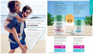 “Queremos aproveitar
cada dia de verão
AO MÁXIMO”
	 ESSENCIAIS DIÁRIOS -
PARA UM VERÃO DESPREOCUPADO
Em agosto passamos muito tempo ao sol. O que pode ser
melhor do que sentir o calor aconchegante na nossa
pele? Mas cuidado: suar, fatos de banho molhados
e ares condicionados podem desafiar as nossas
defesas. É por isso que devemos o sistema
imunológico.1
O intestino é um dos maiores
órgãos do nosso corpo e tem um papel
ativo no nosso bem-estar. Pro122
ajuda ao equilíbrio natural das
bactérias benéficas no nosso
intestino. As cápsulas
Super Omega 1
contribuem para
uma função
cardíaca
normal.
As cápsulas Super Omega possuem um
elevado teor de ácidos gordos ómega 3 EPA
e DHA e contribuem para a preservação de
uma saudável função cardíaca.1
Super Omega Cápsulas
80338 | 60 Cápsulas / 100,8 g
Peixe, ovos e outras fontes de ómega 3
estão frequentemente ausentes do menu?
De 1 a 15 de agosto
39,90€ 	29€90
De 16 a 31 de agosto
39€90
Sensação completa de bem-estar?
Não se deixe abater durante o
verão por coisas pequenas - apoie
o seu sistema imunitário!
O Pro 122
apoia o bem-estar geral.
Pro 12 Cápsulas
80370 | 30 cápsulas / 15 g
De 1 a 15 de agosto
44,50€ 	32€90
De 16 a 31 de agosto
44€50
SuperOmega
Cápsulas para a função cardíaca
Ingredientes selecionados:
Óleo de peixe (41%), gelatina, óleo de onagra
(13%), fibras de cevada com beta-glucano,
humectante (glicerina), emulsionante (mono e
diglicerídeos de ácidos gordos alimentares),
óleo de palmiste, corante (óxido de ferro).
Âmbitos de aplicação:
– Contribui para uma função cardíaca normal1
Consumo recomendado:
– 1 cápsula 3 x ao dia
Pro12
Cápsulas para o bem-estar geral
Ingredientes selecionados:
Probiotic12 contém, por cápsula, um total de
mil milhões de bactérias probióticas. Estas
subdividem-se em 12 estirpes bacterianas
diferentes. Esta composição ajuda a flora
intestinal e é única no mundo.
Âmbitos de aplicação:
– Para o seu bem-estar
Consumo recomendado:
– 1 cápsula por dia
1
DHA e EPA ajudam a manter a saúde das funções cardíacas. Para isso, é necessária a ingestão de pelo menos 250 mg de DHA por dia.
2
Patente-Nr.: DE 10 2010 030 546 A1
POUPE
+ DE
25 %
LIFETAKT
4948
 