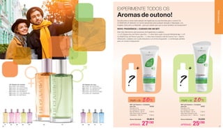 07 08 1109 1002 03 050401 06
LR Classics for men
07	|	3295-162 BOSTON
08	|	 3295-151 SINGAPURA
09	|	 3295-159 MÓNACO
10	|	3295-160 ESTOCOLMO
11	|	3295-161 NIAGARA
LR Classics for women
01	|	3295-106 HAWAII
02	|	3295-120 SANTORINI
03	|	 3295-124 MARBELLA
04	|	 3295-126 VALÊNCIA
05	|	 3295-127 LOS ANGELES
06	|	 3295-123 ANTÍGUA
+
??
+
SET LR Classics + Cuidados
para Ela	 30296
Escolha Livre
LR Classics for women
Eau de Parfum · 50 ml	 17,90 €
Aloe Vera Loção Corporal
Hidratante · 200 ml	 17,90 €
Soma Individual 	 35,80 €
SET LR Classics + Cuidados
para Ele	 30297
Escolha Livre
LR Classics for men
Eau de Parfum · 50 ml	 17,90 €
Aloe Vera Champô e Gel
de Duche 2 em 1 · 250 ml	 15,90 €
Soma Individual 	 33,80€
Escolha entre a nossa vasta seleção de fragrâncias as suas favoritas para o outono! Os
CLÁSSICOS LR oferecem um aroma apropriado para qualquer situação e disposição. Los
Angeles, Estocolmo ou Marbella - para que cidade quer que os seus sentidos o/a transportem?
Este mês oferecemos sets exclusivos de fragrâncias e cuidados:
1 x LR Classics Eau de Parfum para Ela + 1 x Aloe Vera Loção Corporal Hidratante ou 1 x LR
CLASSICS Eau de Parfum para Ele + 1 x Aloe Vera Champô e Gel de Duche 2 em 1. Banho
refrescante, cuidados com a pele delicados e um aroma revigorante - a combinação perfeita
para um outubro inesquecível.
NOVO: FRAGRÂNCIA + CUIDADO EM UM SET!
EXPERIMENTE TODOS OS
Aromas de outono!
APENAS: 27€90
POUPE + DE 20%
APENAS: 25€90
POUPE + DE 20%
PERFUMARIA
2726
 