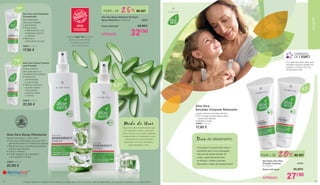 Por cada Set duplo aloe vera
emulsão corporal vendido em
outubro a LR doa 1€ à LR
Global Kids Fund.
DONATIVO
DE 1 EURO
Aloe Vera
45%
Set Duplo Aloe Vera 	
Emulsão Corporal	 20784
2 x 100 ml
Soma individual: 	 35,80 €
Loção nutritiva com efeito térmico
• 45 % de gel de Aloe Vera e óleos
	 essenciais naturais
• Hidrata e cuida
20603 | 100 ml
17,90 €
Aloe Vera 		
Emulsão Corporal Relaxante
Dica de relaxamento
A Emulsão Corporal Aloe Vera é
excelente para uma massagem
noturna de partes tensas do
corpo, especialmente para
os braços, costas e pernas.
Aproveite o efeito de aquecimento!
A gama Aloe Via foi eleita
produto do ano 2018 –
inovação premiada
por consumidores
Spray suave para o corpo inteiro
• Com uma combinação eficaz de 83%
gel de Aloe Vera e 12 essências vegetais
• Aplica-se como uma película protetora
sobre a pele fatigada
• Cuida e refresca
• A pele regenera-se e readquire
o seu equilíbrio natural.
20600 | 400 ml
22,90 €
Aloe Vera Spray Hidratante
*
	 O Spray Hidratante foi testado em 30 mulheres com idades entre os 30 e os 50 anos, pela Dermatest GmbH, num período de 2 semanas, em outubro de 2007.
*
Modo de Usar
Vaporizar sobre a pele sempre que
for necessário. Evitar a zona dos
olhos. Graças à sua ação calmante
e regeneradora, é adequado como
tratamento em várias áreas de
aplicação, como por exemplo a
pele stressada e seca.
Aloe Vera
83%
Aloe Vera Spray Hidratante Set Duplo
Spray Hidratante (2 x 400 ml) 20625
Soma individual: 	 45,80 €
Gel refrescante
para pele fatigada
e desidratada
• Proporciona 	
imediatamente uma
	 hidratação máxima
e refresca
• Melhora a
elasticidade da pele
20601 | 100 ml
17,90 €
Aloe Vera Gel Hidratante	
Concentrado
Creme nutritivo
para pele seca e a
necessitar de cuidados
• Hidrata em 		
	profundidade
e nutre a pele
• Reforça a barreira
da pele e aplica
uma película
protetora sobre
a mesma
20602 | 100 ml
22,90 €
Aloe Vera Creme Protetor	
com Propólis
APENAS: 32€90
POUPE + DE 25% NO SET
APENAS: 27€90
POUPE + DE 20% NO SET
Aloe Vera
90%
Aloe Vera
79%
ALOEVIA
98
 