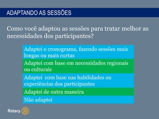 ADAPTANDO AS SESSÕES
Como você adaptou as sessões para tratar melhor as
necessidades dos participantes?
Adaptei o cronograma, fazendo sessões mais
longas ou mais curtas
Adaptei com base em necessidades regionais
ou culturais
Adaptei com base nas habilidades ou
experiências dos participantes
Adaptei de outra maneira
Não adaptei
 