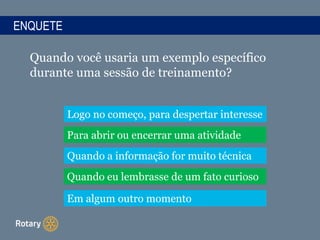 ENQUETE
Quando você usaria um exemplo específico
durante uma sessão de treinamento?
Logo no começo, para despertar interesse
Para abrir ou encerrar uma atividade
Quando a informação for muito técnica
Quando eu lembrasse de um fato curioso
Em algum outro momento
 