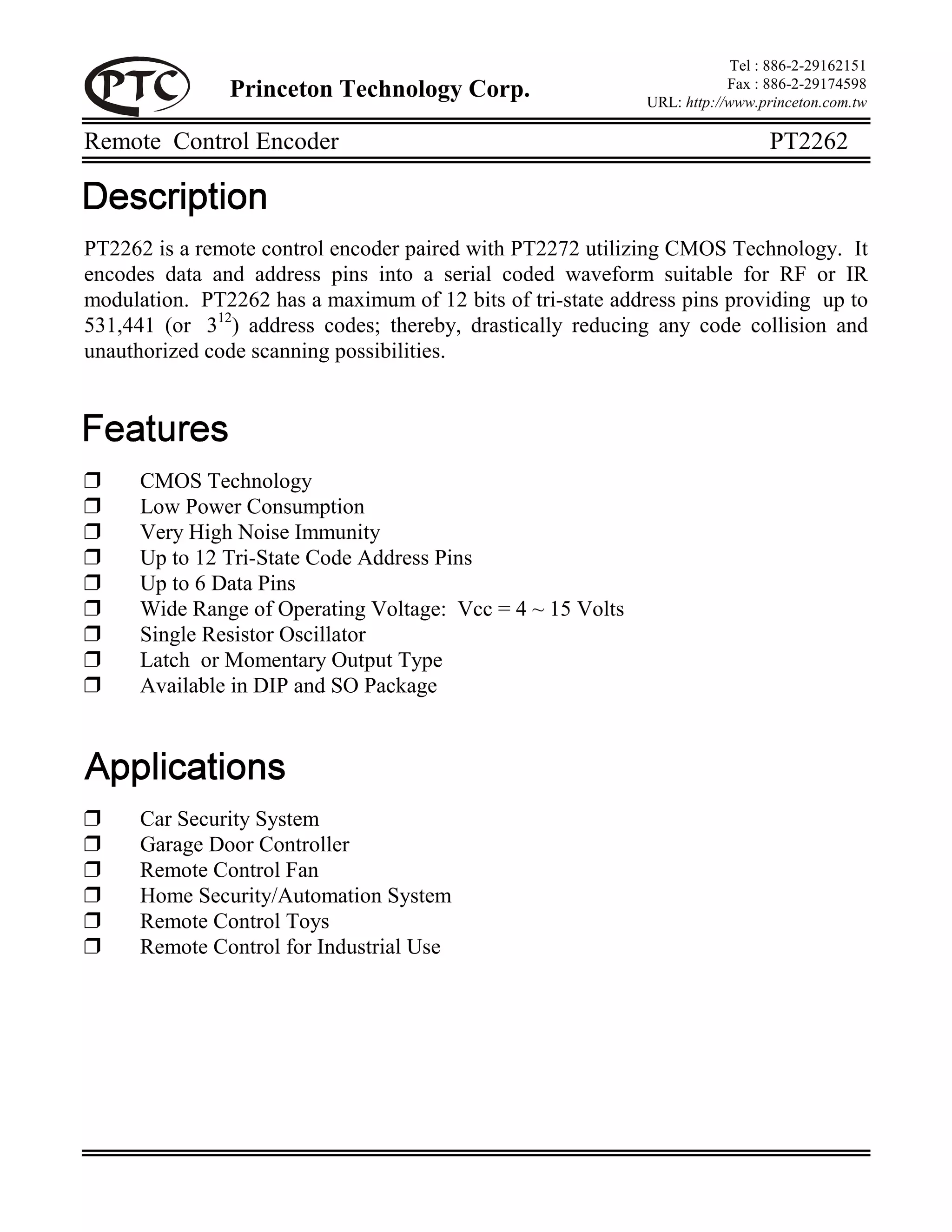 Electrónica: PT2262 Codificador de control remoto (Datasheet) | PDF