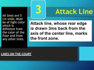 Attack Line
All lines are 5
cm wide. Must
be of light color
which is
different from
the color of the
floor and from
any other lines.
Attack line, whose rear edge
is drawn 3ms back from the
axis of the center line, marks
the front zone.
3
LINES ON THE COURT
 