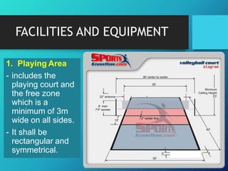 FACILITIES AND EQUIPMENT
1. Playing Area
- includes the
playing court and
the free zone
which is a
minimum of 3m
wide on all sides.
- It shall be
rectangular and
symmetrical.
 
