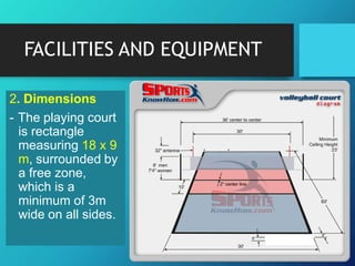 FACILITIES AND EQUIPMENT
2. Dimensions
- The playing court
is rectangle
measuring 18 x 9
m, surrounded by
a free zone,
which is a
minimum of 3m
wide on all sides.
 