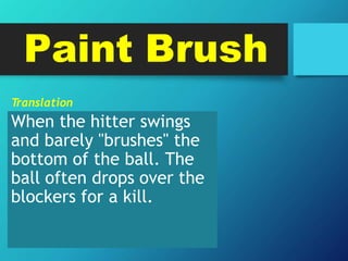 Paint Brush
T
ranslation
When the hitter swings
and barely "brushes" the
bottom of the ball. The
ball often drops over the
blockers for a kill.
 