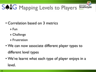 Mapping Levels to Players

     • Correlation based on 3 metrics
       ‣ Fun
       ‣ Challenge
       ‣ Frustration
     • We can now associate different player types to
      different level types
     • We’ve learnt what each type of player enjoys in a
      level.
35
 