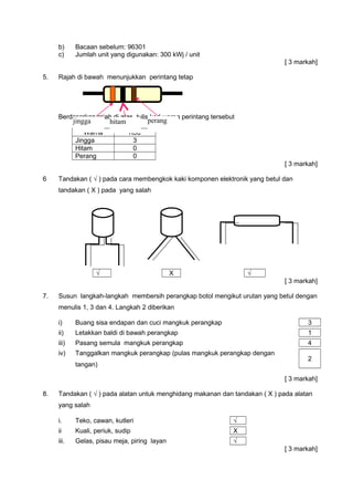 b) Bacaan sebelum: 96301
c) Jumlah unit yang digunakan: 300 kWj / unit
[ 3 markah]
5. Rajah di bawah menunjukkan perintang tetap
Berdasarkan rajah di atas, tulis kod warna perintang tersebut
Warna Kod
Jingga 3
Hitam 0
Perang 0
[ 3 markah]
6 Tandakan ( √ ) pada cara membengkok kaki komponen elektronik yang betul dan
tandakan ( X ) pada yang salah
√ X √
[ 3 markah]
7. Susun langkah-langkah membersih perangkap botol mengikut urutan yang betul dengan
menulis 1, 3 dan 4. Langkah 2 diberikan
i) Buang sisa endapan dan cuci mangkuk perangkap 3
ii) Letakkan baldi di bawah perangkap 1
iii) Pasang semula mangkuk perangkap 4
iv) Tanggalkan mangkuk perangkap (pulas mangkuk perangkap dengan
tangan)
2
[ 3 markah]
8. Tandakan ( √ ) pada alatan untuk menghidang makanan dan tandakan ( X ) pada alatan
yang salah
i. Teko, cawan, kutleri √
ii Kuali, periuk, sudip X
iii. Gelas, pisau meja, piring layan √
[ 3 markah]
jingga hitam perang
 