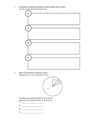 1. Senaraikan komponen-komponen yang terdapat dalam udara.
List the components found in the air.
2. Rajah menunjukkan komposisi udara.
Diagram shows the composition of air.
Namakan gas yang mewakili P, Q, R dan S.
Name the gas represented by P, Q, R and S.
P : _______________________
R : _______________________
Q : _______________________
S : _______________________
 