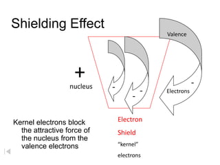 Shielding Effect Valence + - - nucleus - Electrons - Electron  Shield “kernel” electrons Kernel electrons block the attractive force of the nucleus from the valence electrons 