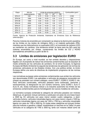 3 Normatividad de emisiones para vehículos de carretera
27
Etapa Año de
implementación
Límite de emisiones (g/kW-h) Combustible (ppm)
NOx CO HC PM
EPA 91 1991 6.70 15.50 15.50 0.10 2 500
EPA 94 1994 5.00 15.50 1.30 0.10 500
EPA 98 1998 4.00 15.50 1.30 0.10 500
EPA 04 2004 2.50 15.50 1.30 0.10 500
EPA 07 2007 0.20 15.50 1.30 0.01 15
EPA 10 2010 0.20 15.50 1.30 0.01 15
EPA 13 2013 0.20 15.50 1.30 0.01 15
EPA 17 2017 0.20 15.50 1.30 0.01 15
Fuente: Agencia de Protección Ambiental, Estándares de Emisiones Guía de Referencia
(www.epa.gov)
Para los motores de encendido por compresión se observa la disminución paulatina
de los límites en los óxidos de nitrógeno (NOx) y el material particulado (PM),
mientras que los hidrocarburos no quemados (HC) y el monóxido de carbono (CO)
se mantienen sin cambios. Una tendencia similar se tiene para los NOx para los
motores encendidos por chispa, conservando los límites de CO y HCHO
(formaldehído atmosférico) a partir de Bin 9.
3.3 Límites de emisiones por legislación EURO
En Europa, así como a nivel mundial, se han emitido decretos y disposiciones
legales con el propósito de reducir las emisiones contaminantes que se expulsan al
medio ambiente por los vehículos de carretera. En la Unión Europea, la Agencia
Europea del Medio Ambiente ha seguido las tendencias de aplicación de normas de
emisiones vehiculares en los Estados Unidos. Con una política similar, la Unión
Europea define una serie de directivas de implantación progresiva de las normas
respectivas.
Las normativas europeas sobre emisiones contaminantes que emiten los vehículos
son denominadas EURO. Las aplicables a vehículos de pasajeros (encendido por
chispa) se preceden con número arábigos, como EURO 1, EURO 2, EURO 3, etc.
Para vehículos comerciales, vehículos pesados como autobuses, camiones y
tractocamiones, la designación es con número romanos, como EURO I, Euro II,
Euro III, etc. Estas normativas indican a la industria automotriz los límites de las
emisiones contaminantes para la homologación de nuevos modelos de vehículos.
La normativa europea contempla la categoría de vehículos pesados con motores
diésel que, en general, incluye camiones y autobuses con peso de una masa mayor
a 3500 kg. En vehículos con peso menor existen cuatro categorías, a decir:
vehículos turismo, vehículos industriales ligeros con peso menor o igual a 1305 kg,
vehículos industriales ligeros con peso de 1305 a 1760 kg y vehículos industriales
ligeros con peso de 1760 a 3500 kg. En todas estas categorías se incluyen límites
para los motores a gasolina y diésel, mostrándose un resumen en la Tabla 3.4 para
vehículos en la categoría de 1760 a 3500 kg, tanto con motores diésel como de
 