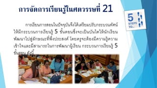 การจัดการเรียนรู้ในศตวรรษที่ 21
การเรียนการสอนในปัจจุบันจึงได้เตรียมปรับกระบวนทัศน์
ให้มีกระบวนการเรียนรู้ 5 ขั้นตอนซึ่งจะเป็นบันไดให้นักเรียน
พัฒนาไปสู่ลักษณะที่พึ่งประสงค์ โดยครูจะต้องมีความรู้ความ
เข้าใจและมีสามารถในการพัฒนาผู้เรียน กระบวนการเรียนรู้ 5
ขั้นตอน ดังนี้
 