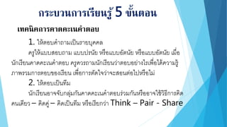 กระบวนการเรียนรู้ 5 ขั้นตอน
เทคนิคการคาดคะเนคาตอบ
1. ให้ตอบคาถามเป็นรายบุคคล
ครูให้แบบสอบถาม แบบปรนัย หรือแบบอัตนัย หรือแบบอัตนัย เมื่อ
นักเรียนคาดคะเนคาตอบ ครูควรถามนักเรียนว่าตอบอย่างไรเพื่อได้ความรู้
ภาพรวมการตอบของเรียน เพื่อการตัดใจว่าจะสอนต่อไปหรือไม่
2. ให้ตอบเป็นทีม
นักเรียนอาจจับกลุ่มกันคาดคะเนคาตอบร่วมกันหรืออาจใช้วิธีการคิด
คนเดียว – คิดคู่ – คิดเป็นทีม หรือเรียกว่า Think – Pair - Share
 