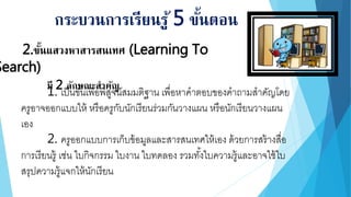2.ขั้นแสวงหาสารสนเทศ (Learning To
Search)
มี 2 ลักษณะสาคัญ
กระบวนการเรียนรู้ 5 ขั้นตอน
1. เป็นขั้นเพื่อพิสูจน์สมมติฐาน เพื่อหาคาตอบของคาถามสาคัญโดย
ครูอาจออกแบบให้ หรือครูกับนักเรียนร่วมกันวางแผน หรือนักเรียนวางแผน
เอง
2. ครูออกแบบการเก็บข้อมูลและสารสนเทศให้เอง ด้วยการสร้างสื่อ
การเรียนรู้ เช่น ใบกิจกรรม ใบงาน ใบทดลอง รวมทั้งใบความรู้และอาจใช้ใบ
สรุปความรู้แจกให้นักเรียน
 