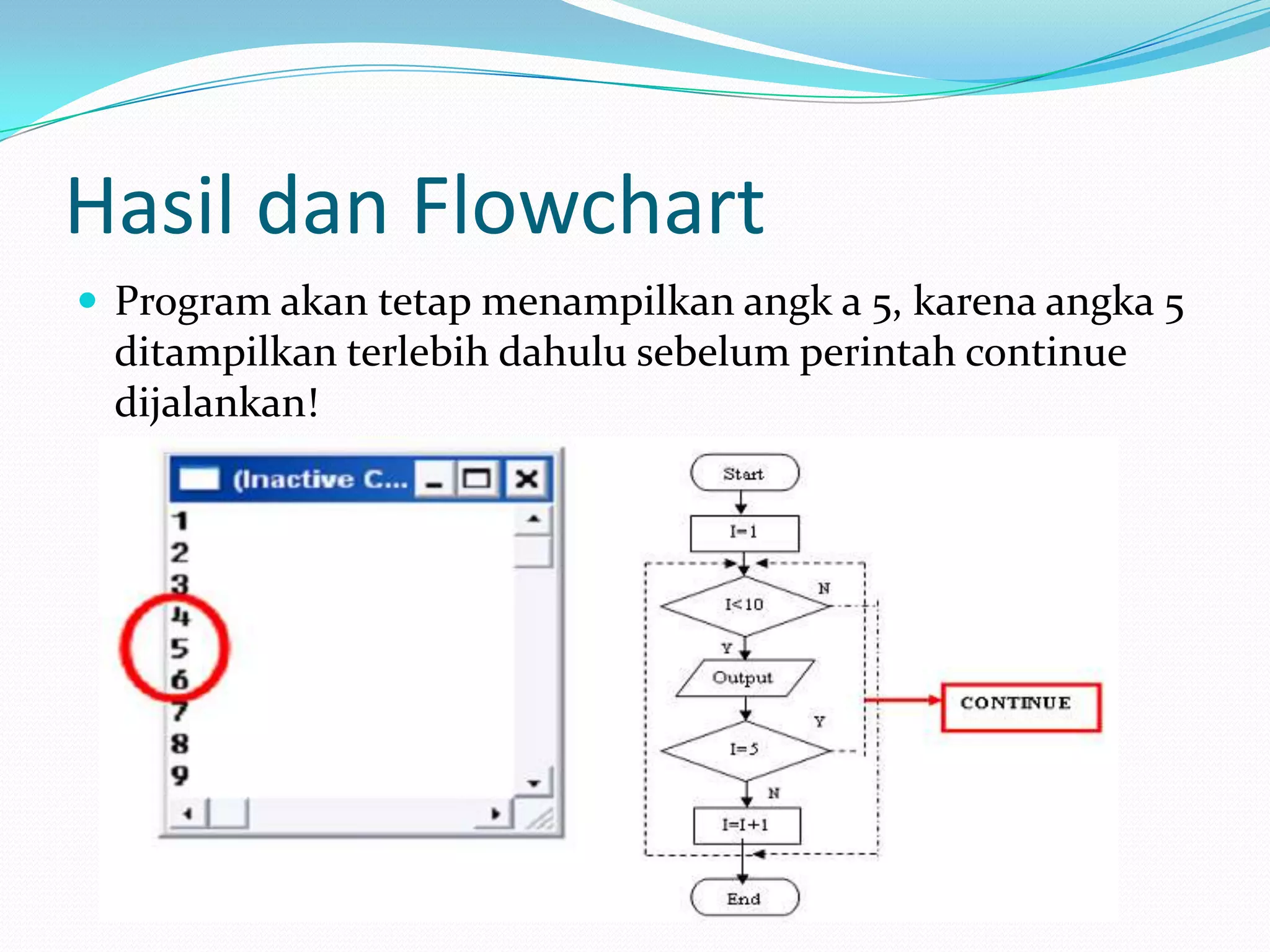 Hasil dan Flowchart
 Program akan tetap menampilkan angk a 5, karena angka 5
 ditampilkan terlebih dahulu sebelum perintah continue
 dijalankan!
 