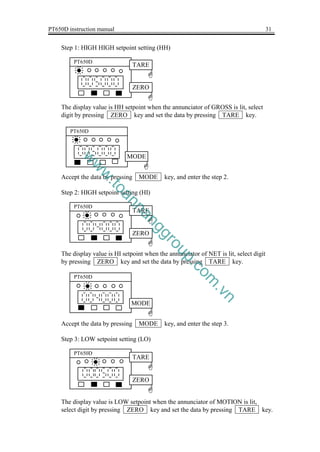 PT650D instruction manual 31
Step 1: HIGH HIGH setpoint setting (HH)
The display value is HH setpoint when the annunciator of GROSS is lit, select
digit by pressing ZERO key and set the data by pressing TARE key.
Accept the data by pressing MODE key, and enter the step 2.
Step 2: HIGH setpoint setting (HI)
The display value is HI setpoint when the annunciator of NET is lit, select digit
by pressing ZERO key and set the data by pressing TARE key.
Accept the data by pressing MODE key, and enter the step 3.
Step 3: LOW setpoint setting (LO)
The display value is LOW setpoint when the annunciator of MOTION is lit,
select digit by pressing ZERO key and set the data by pressing TARE key.
PT650D
G
ZERO
G
TARE
PT650D
G
MODE
PT650D
PT650D
G
ZERO
G
TARE
G
ZERO
G
TARE
PT650D
G
MODE
w
w
w
.
t
o
a
n
n
a
n
g
g
r
o
u
p
.
c
o
m
.
v
n
 