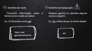 Advérbio de modo
Transmite informação sobre a
forma como a ação se realiza.
Ex.: O Fernando canta mal.
bem, mal,
agradavelmente …
Advérbio de designação
Designa, aponta ou assinala alguma
coisa ou alguém.
Ex.: Eis o filme de que te tenho falado!
eis
 