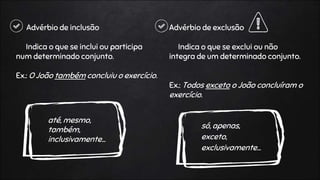 Advérbio de inclusão
Indica o que se inclui ou participa
num determinado conjunto.
Ex.: O João também concluiu o exercício.
até, mesmo,
também,
inclusivamente…
Advérbio de exclusão
Indica o que se exclui ou não
integra de um determinado conjunto.
Ex.: Todos exceto o João concluíram o
exercício.
só, apenas,
exceto,
exclusivamente…
 