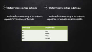 Determinante artigo definido
Antecede um nome que se refere a
algo determinado, conhecido.
Determinante artigo indefinido
Antecede um nome que se refere a
algo indeterminado, desconhecido.
Definidos Indefinidos
o
a
os
as
um
uma
uns
umas
 