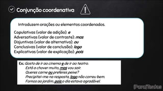 Conjunção coordenativa
Introduzem orações ou elementos coordenados.
Copulativas (valor de adição): e
Adversativas (valor de contraste): mas
Disjuntivas (valor de alternativa): ou
Conclusivas (valor de conclusão): logo
Explicativas (valor de explicação): pois
Ex.: Gosto de ir ao cinema e de ir ao teatro.
Está a chover muito, mas vou sair.
Queres carne ou preferes peixe?
Precipitei-me na resposta, logo não correu bem.
Fomos ao jardim, pois o dia estava agradável.
 