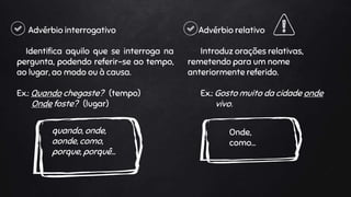 Advérbio interrogativo
Identifica aquilo que se interroga na
pergunta, podendo referir-se ao tempo,
ao lugar, ao modo ou à causa.
Ex.: Quando chegaste? (tempo)
Onde foste? (lugar)
quando, onde,
aonde, como,
porque, porquê…
Advérbio relativo
Introduz orações relativas,
remetendo para um nome
anteriormente referido.
Ex.: Gosto muito da cidade onde
vivo.
Onde,
como…
 