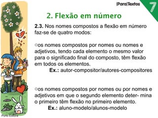 Porto Editora 
2.3. Nos nomes compostos a flexão em número 
faz-se de quatro modos: 
oos nomes compostos por nomes ou nomes e 
adjetivos, tendo cada elemento o mesmo valor 
para o significado final do composto, têm flexão 
em todos os elementos. 
Ex.: autor-compositor/autores-compositores 
oos nomes compostos por nomes ou por nomes e 
adjetivos em que o segundo elemento deter- mina 
o primeiro têm flexão no primeiro elemento. 
Ex.: aluno-modelo/alunos-modelo 
 
