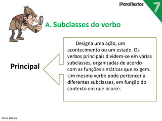 Porto Editora
A. Subclasses do verbo
Principal
Designa uma ação, um
acontecimento ou um estado. Os
verbos principais dividem-se em várias
subclasses, organizadas de acordo
com as funções sintáticas que exigem.
Um mesmo verbo pode pertencer a
diferentes subclasses, em função do
contexto em que ocorre.
 