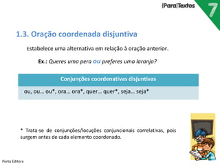 Porto Editora
1.3. Oração coordenada disjuntiva
Estabelece uma alternativa em relação à oração anterior.
Ex.: Queres uma pera ou preferes uma laranja?
Conjunções coordenativas disjuntivas
ou, ou… ou*, ora… ora*, quer… quer*, seja… seja*
* Trata-se de conjunções/locuções conjuncionais correlativas, pois
surgem antes de cada elemento coordenado.
 