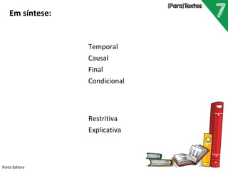 Porto Editora
Em síntese:
Oração subordinada adverbial
Temporal
Causal
Final
Condicional
Oração subordinada adjetiva relativa
Restritiva
Explicativa
 