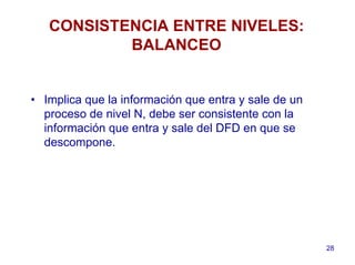 28
CONSISTENCIA ENTRE NIVELES:
BALANCEO
• Implica que la información que entra y sale de un
proceso de nivel N, debe ser consistente con la
información que entra y sale del DFD en que se
descompone.
 