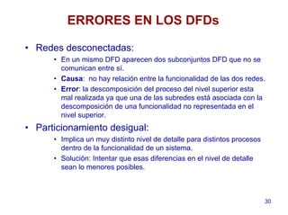 30
ERRORES EN LOS DFDs
• Redes desconectadas:
• En un mismo DFD aparecen dos subconjuntos DFD que no se
comunican entre sí.
• Causa: no hay relación entre la funcionalidad de las dos redes.
• Error: la descomposición del proceso del nivel superior esta
mal realizada ya que una de las subredes está asociada con la
descomposición de una funcionalidad no representada en el
nivel superior.
• Particionamiento desigual:
• Implica un muy distinto nivel de detalle para distintos procesos
dentro de la funcionalidad de un sistema.
• Solución: Intentar que esas diferencias en el nivel de detalle
sean lo menores posibles.
 