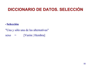50
•• Selección
"Una y sólo una de las alternativas"
sexo = [Varón | Hembra]
DICCIONARIO DE DATOS. SELECCIÓN
 