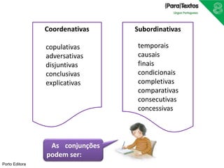 Porto Editora
As conjunções
podem ser:
Coordenativas
copulativas
adversativas
disjuntivas
conclusivas
explicativas
Subordinativas
temporais
causais
finais
condicionais
completivas
comparativas
consecutivas
concessivas
 