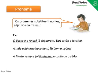Porto Editora
Os pronomes substituem nomes,
adjetivos ou frases…
Ex.:
O Vasco e o André já chegaram. Eles estão a lanchar.
A mãe está orgulhosa de ti. Tu bem o sabes!
A Marta sempre foi lindíssima e continua a sê-lo.
Pronome
 
