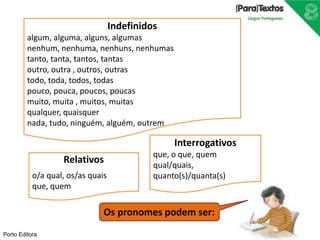 Porto Editora
Os pronomes podem ser:
Relativos
o/a qual, os/as quais
que, quem
Interrogativos
que, o que, quem
qual/quais,
quanto(s)/quanta(s)
Indefinidos
algum, alguma, alguns, algumas
nenhum, nenhuma, nenhuns, nenhumas
tanto, tanta, tantos, tantas
outro, outra , outros, outras
todo, toda, todos, todas
pouco, pouca, poucos, poucas
muito, muita , muitos, muitas
qualquer, quaisquer
nada, tudo, ninguém, alguém, outrem
 